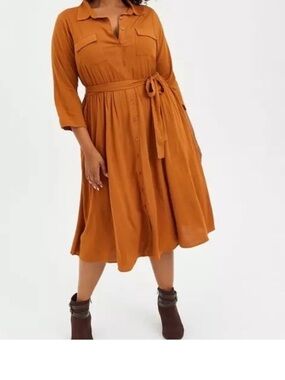 Torrid MustardButton Front Midi Shirt Dress Tie Waist Pockets Plus Size 00